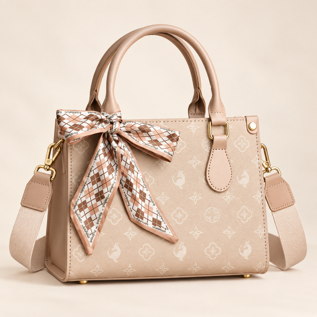Alessia Elegant Small Top Handle Handbag with Scarf Detail – Beige