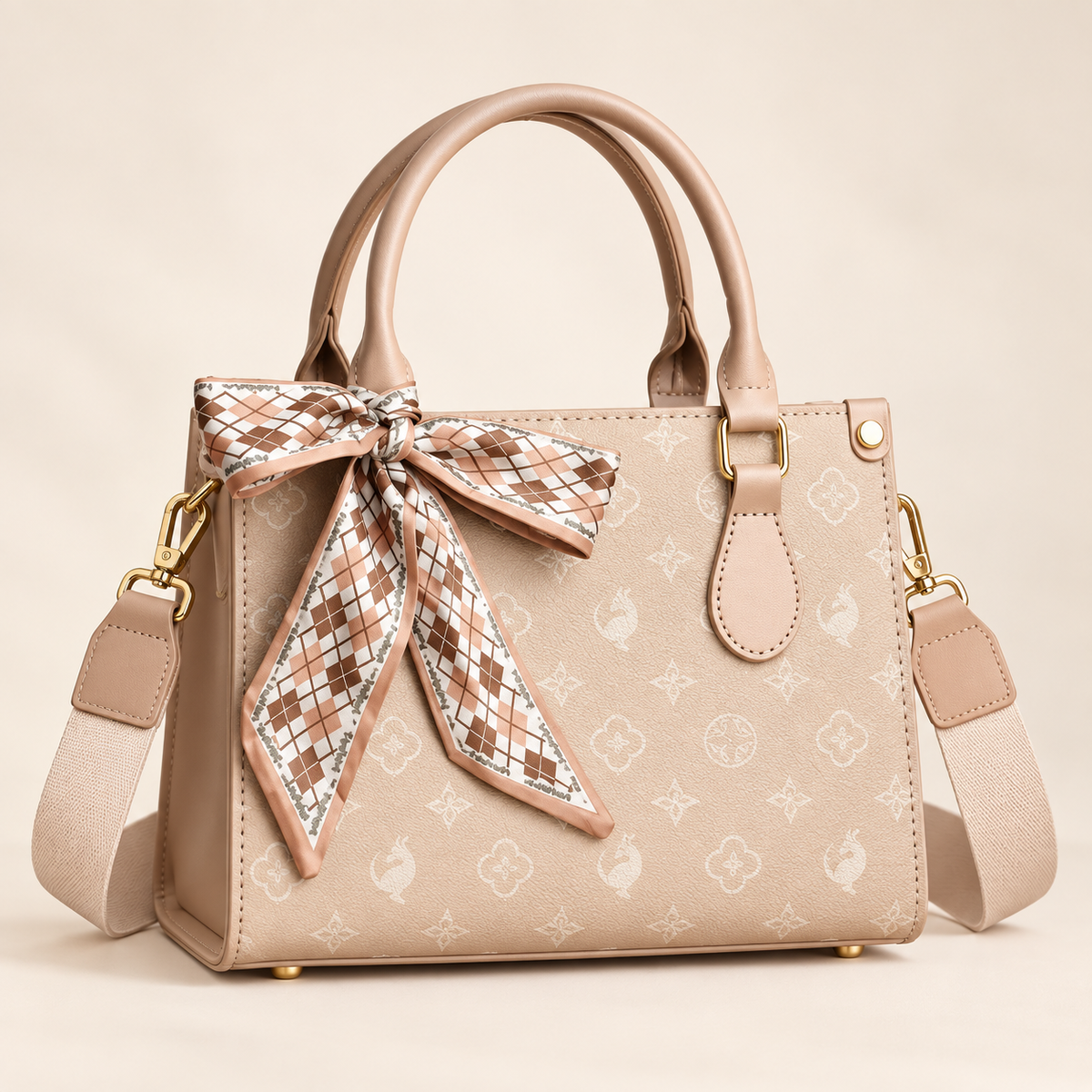 Alessia Elegant Small Top Handle Handbag with Scarf Detail – Beige