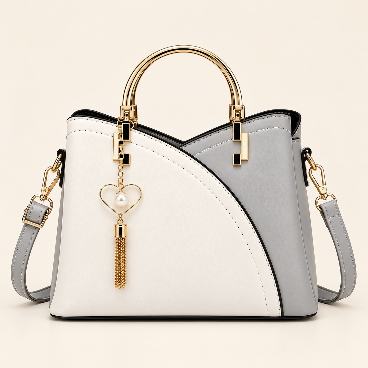 Young Women’s Structured Handbag 2-Tone, Satchel Handbag with Shoulder Strap and Heart Charm