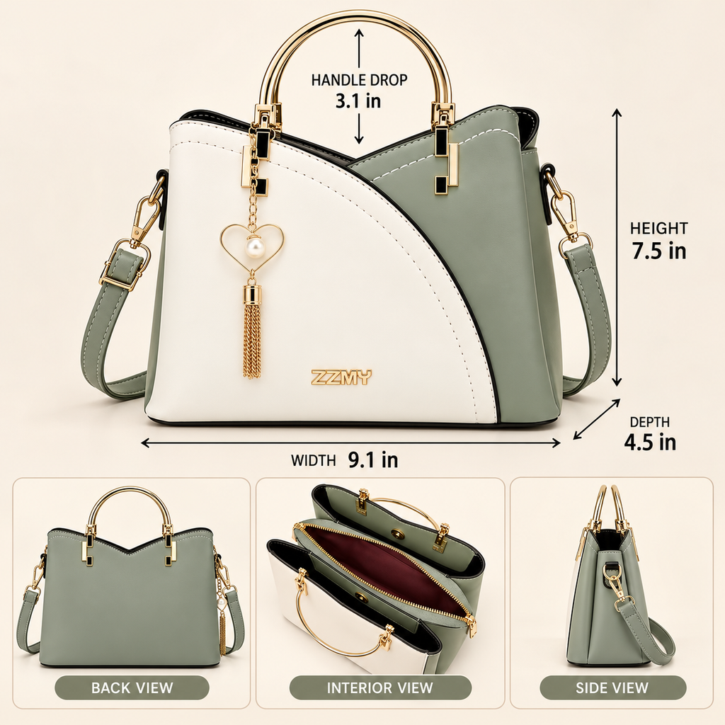 Young Women’s Structured Handbag 2-Tone, Satchel Handbag with Shoulder Strap and Heart Charm