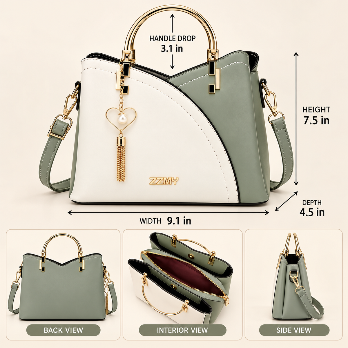 Young Women’s Structured Handbag 2-Tone, Satchel Handbag with Shoulder Strap and Heart Charm