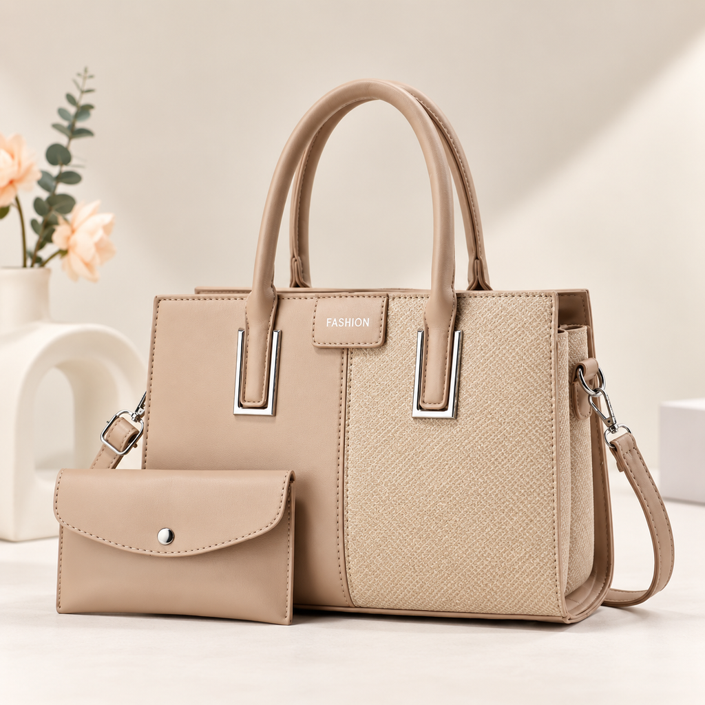 Handbag Mila 2-Tone Structured Tote Beige - Matching Mini Pouch & Adjustable Shoulder Strap