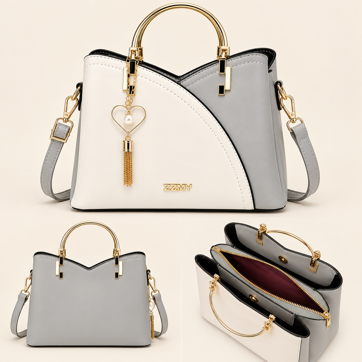 Young Women’s Structured Handbag 2-Tone, Satchel Handbag with Shoulder Strap and Heart Charm