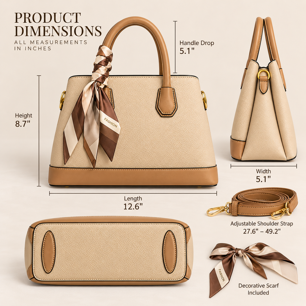 Handbag Sophia Elegant 2-Tone Satchel Handbag with Scarf Beige and brown