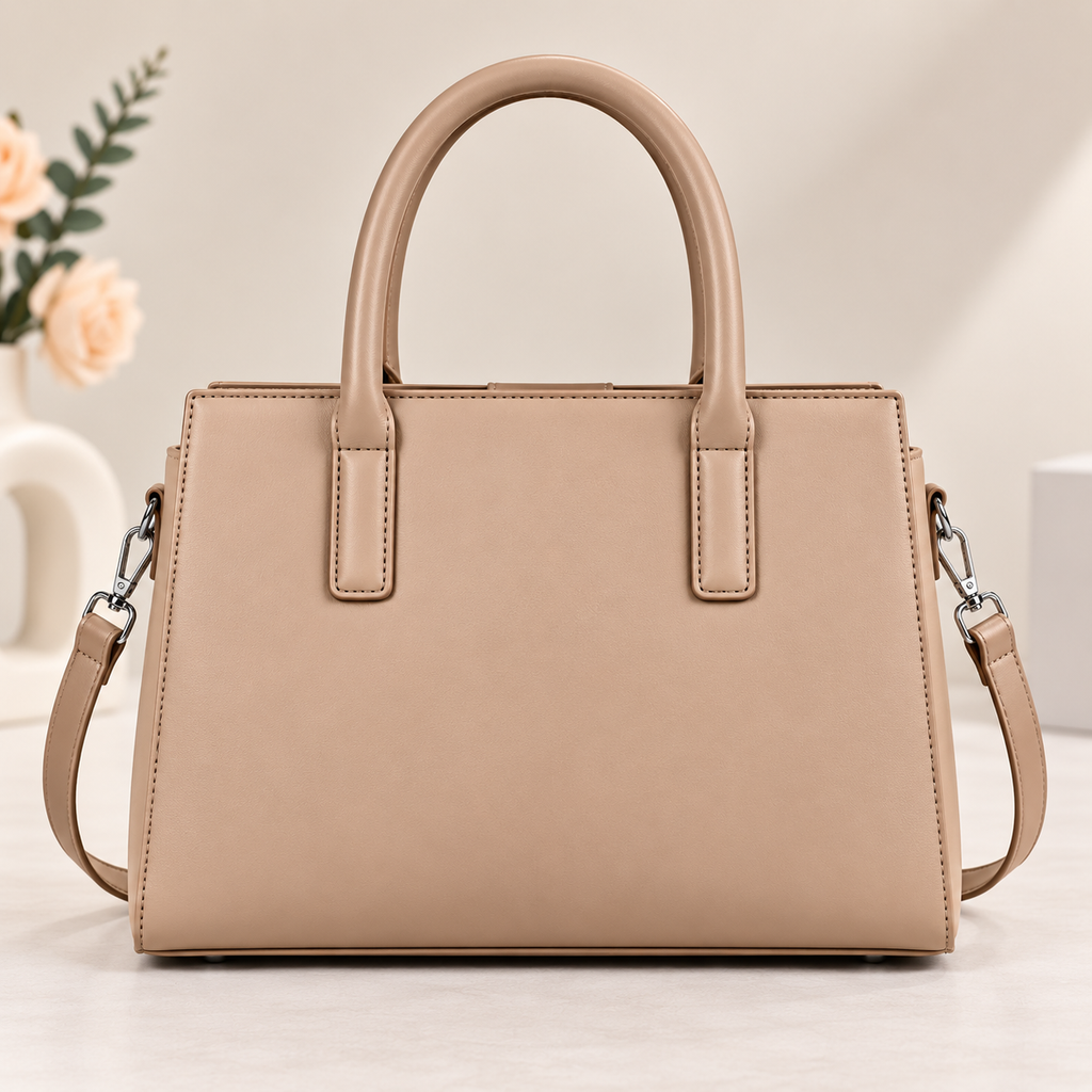 Handbag Mila 2-Tone Structured Tote Beige - Matching Mini Pouch & Adjustable Shoulder Strap
