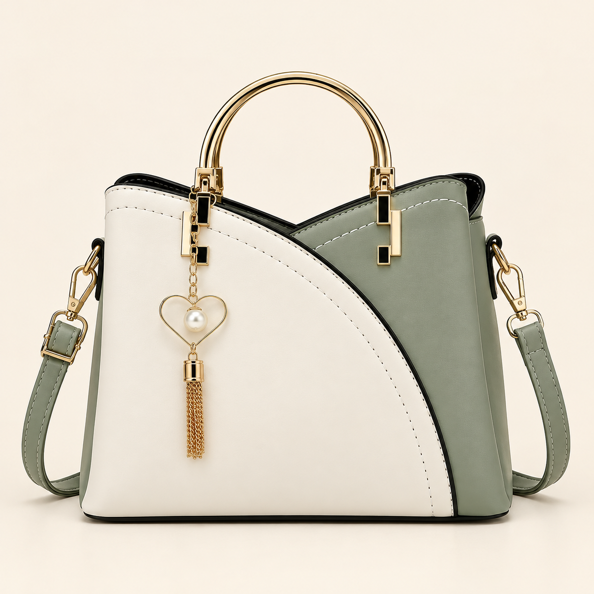 Young Women’s Structured Handbag 2-Tone, Satchel Handbag with Shoulder Strap and Heart Charm