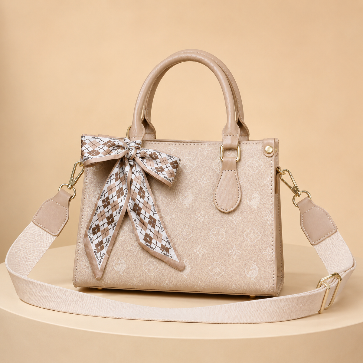 Alessia Elegant Small Top Handle Handbag with Scarf Detail – Beige