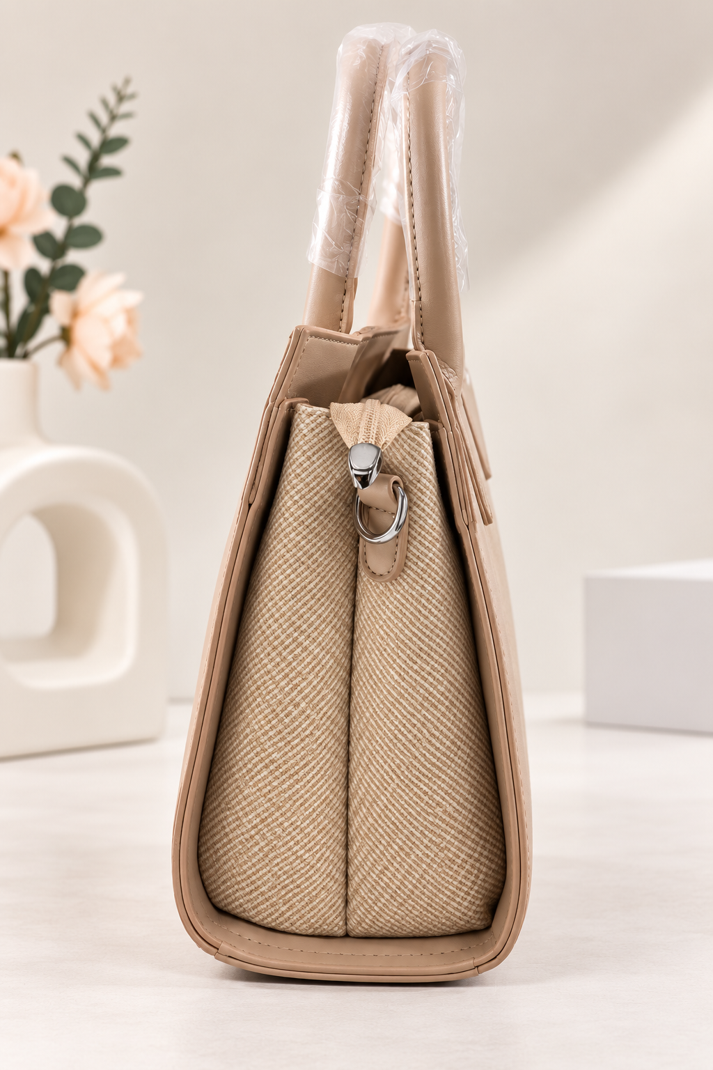 Handbag Mila 2-Tone Structured Tote Beige - Matching Mini Pouch & Adjustable Shoulder Strap
