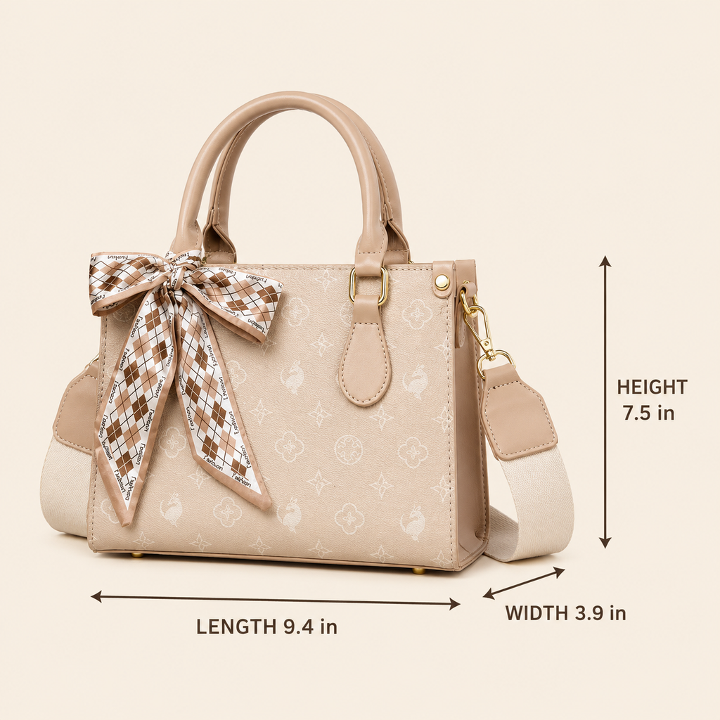 Alessia Elegant Small Top Handle Handbag with Scarf Detail – Beige
