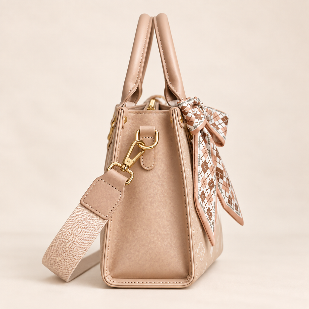 Alessia Elegant Small Top Handle Handbag with Scarf Detail – Beige
