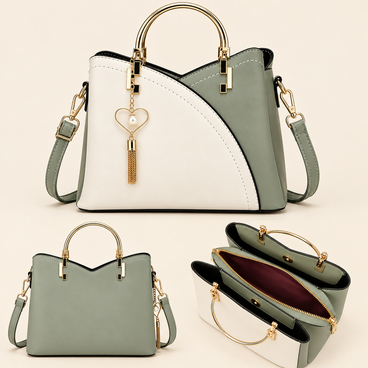 Young Women’s Structured Handbag 2-Tone, Satchel Handbag with Shoulder Strap and Heart Charm