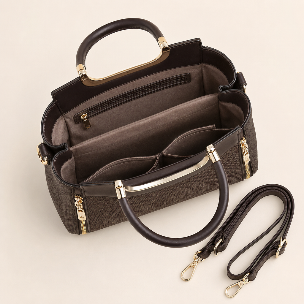Handbag Moka Structured with Top Handles Minimalist Adjustable Shoulder Strap