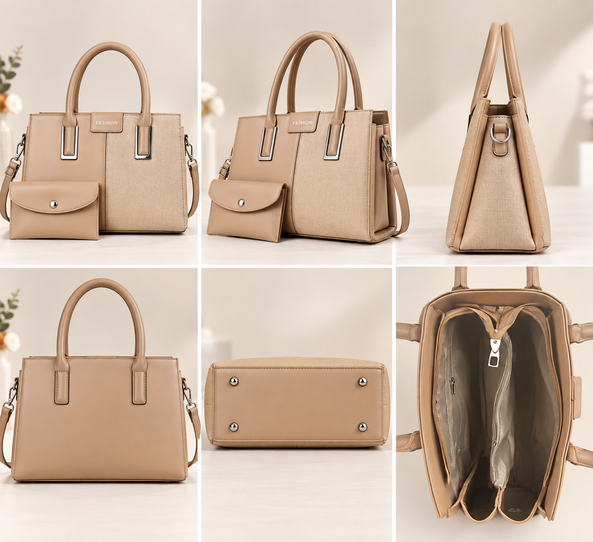 Handbag Mila 2-Tone Structured Tote Beige - Matching Mini Pouch & Adjustable Shoulder Strap