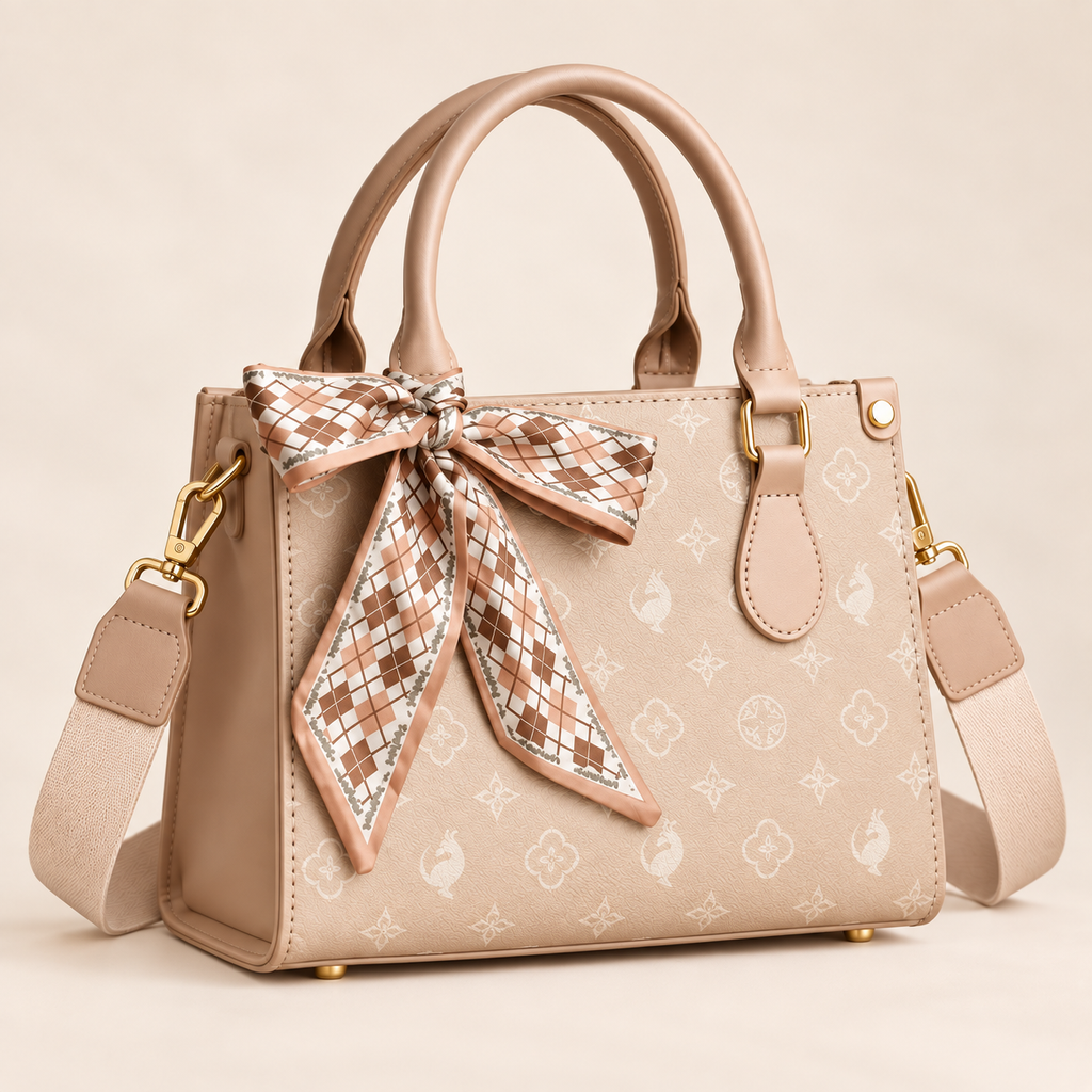 Alessia Elegant Small Top Handle Handbag with Scarf Detail – Beige