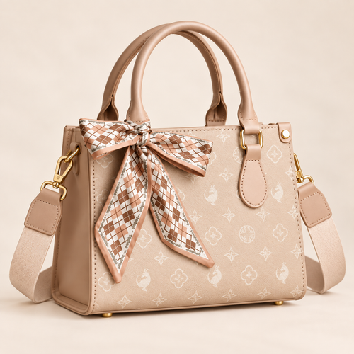 Alessia Elegant Small Top Handle Handbag with Scarf Detail – Beige