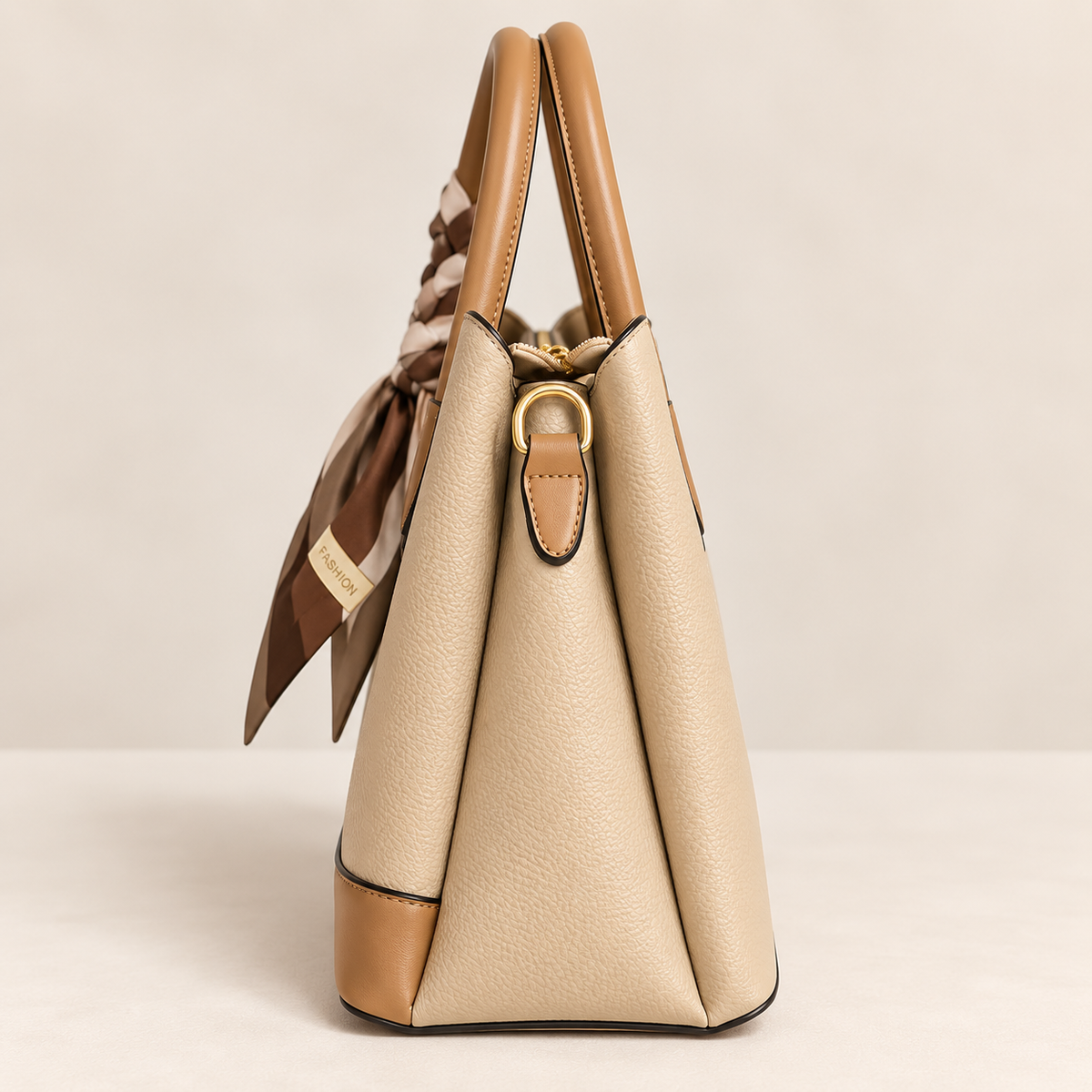 Handbag Sophia Elegant 2-Tone Satchel Handbag with Scarf Beige and brown
