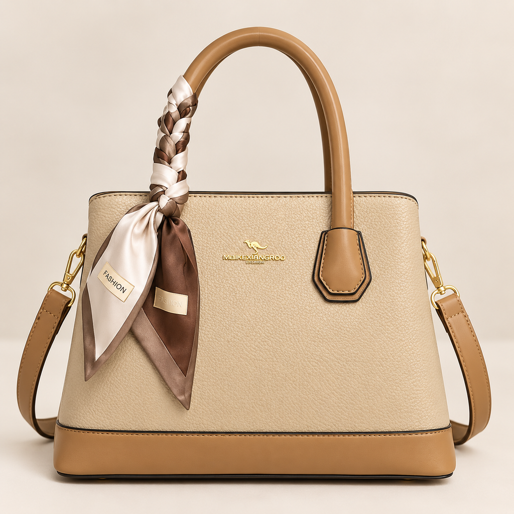 Handbag Sophia Elegant 2-Tone Satchel Handbag with Scarf Beige and brown
