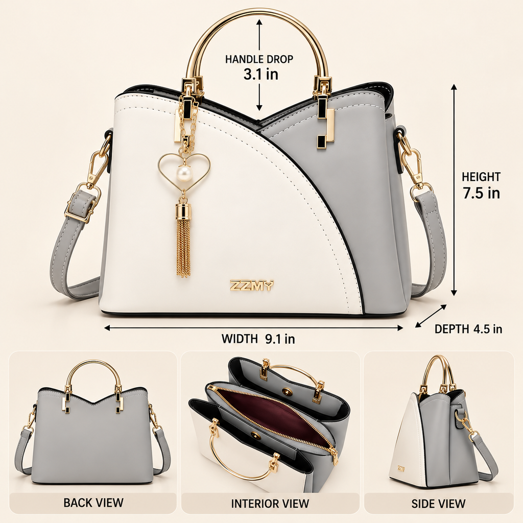 Young Women’s Structured Handbag 2-Tone, Satchel Handbag with Shoulder Strap and Heart Charm