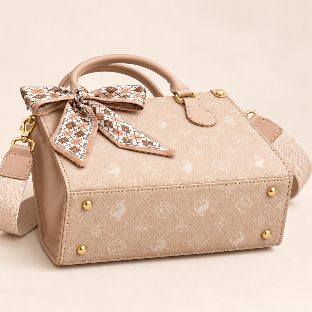Alessia Elegant Small Top Handle Handbag with Scarf Detail – Beige