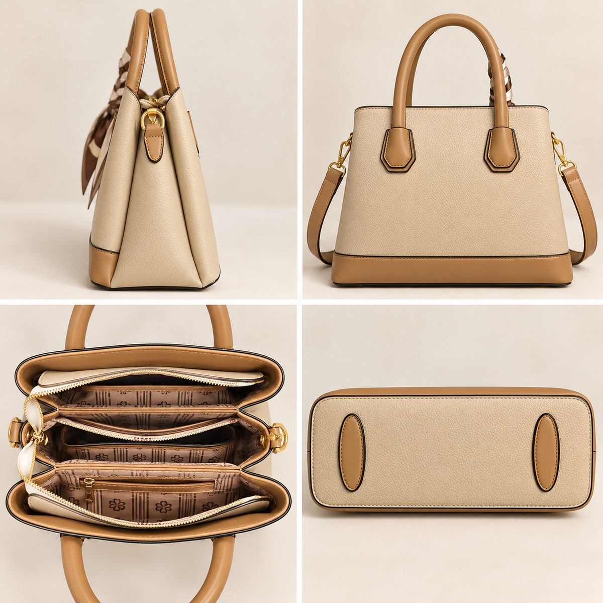 Handbag Sophia Elegant 2-Tone Satchel Handbag with Scarf Beige and brown