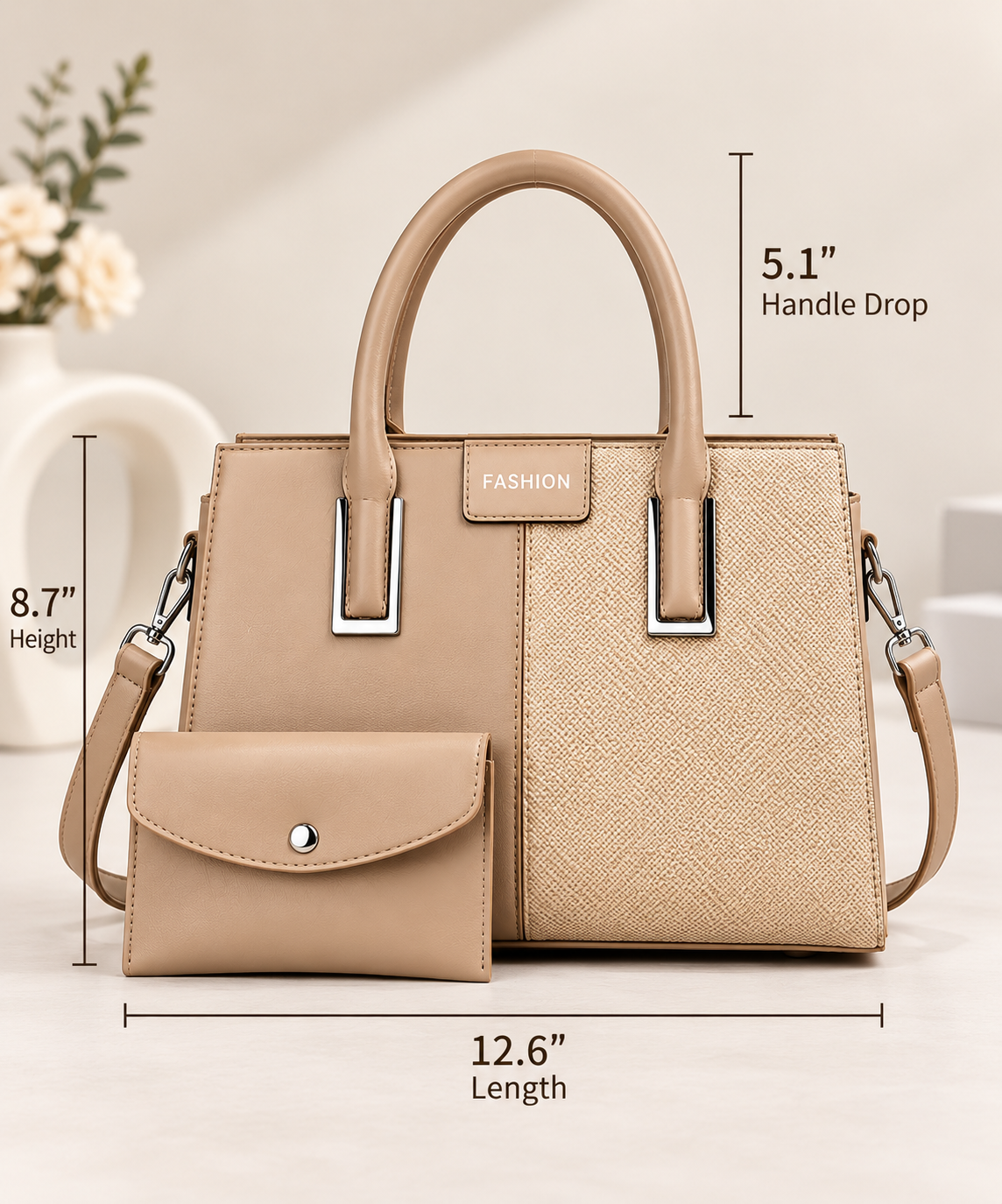 Handbag Mila 2-Tone Structured Tote Beige - Matching Mini Pouch & Adjustable Shoulder Strap